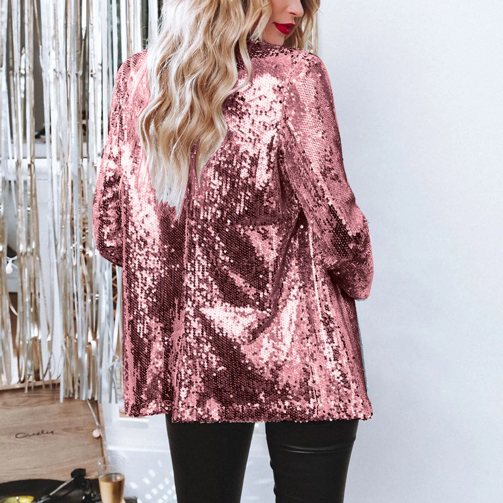 Elegant Casual Long Sleeve Sequin Jacket Spring 2023 Polyester Fabric Zipper Closure  Color Polyester Women's Suit Jacket