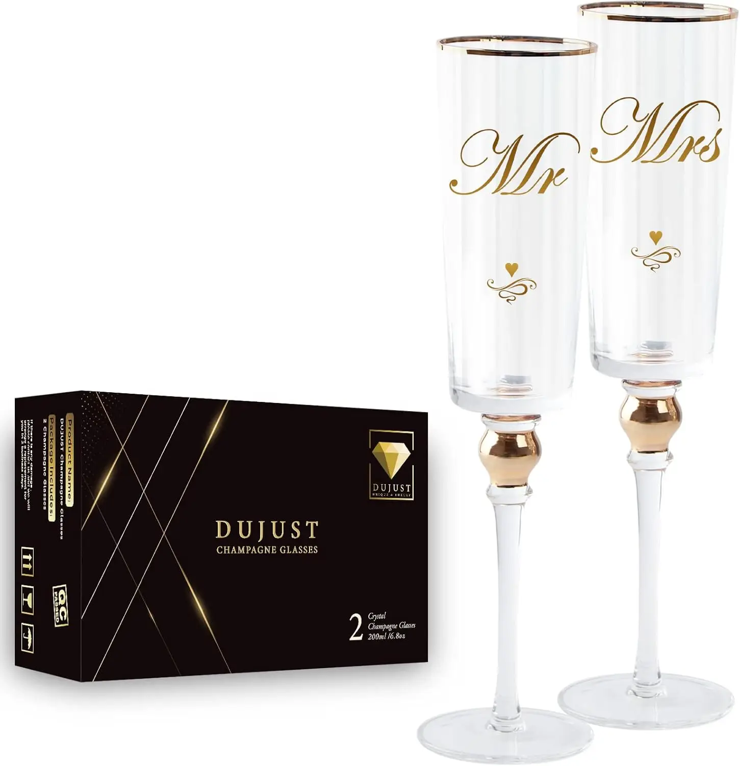 

Crystal Glass Wedding Champagne Flutes with Gold Rim & Diamond Design – Mr & Mrs Gift Set