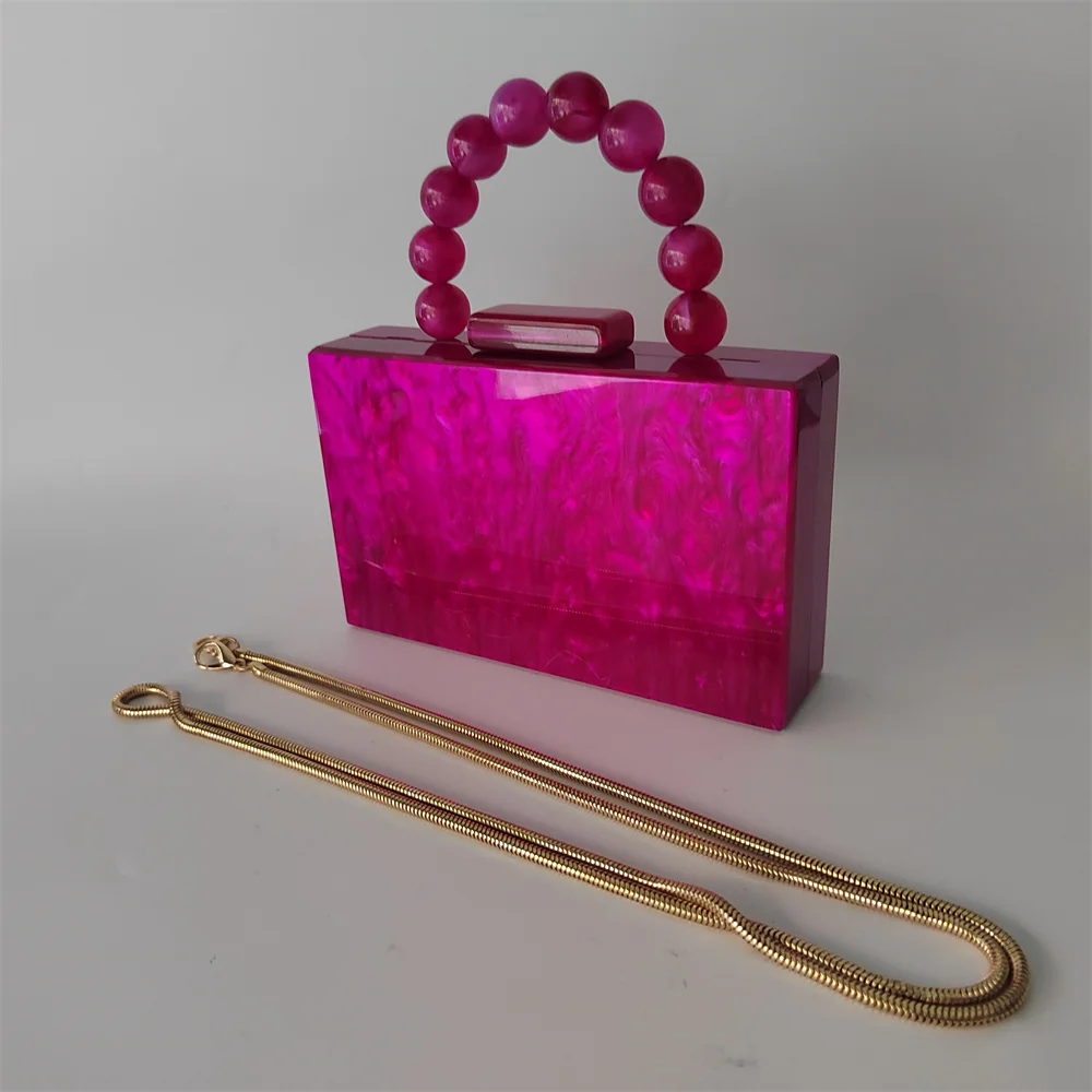 Hot Pink Rose Red Pearl Marble Acrylic Box Evening Clutch Bag For Party Female Wedding Mini Beaded Kawaii Purses Bolsa Feminina