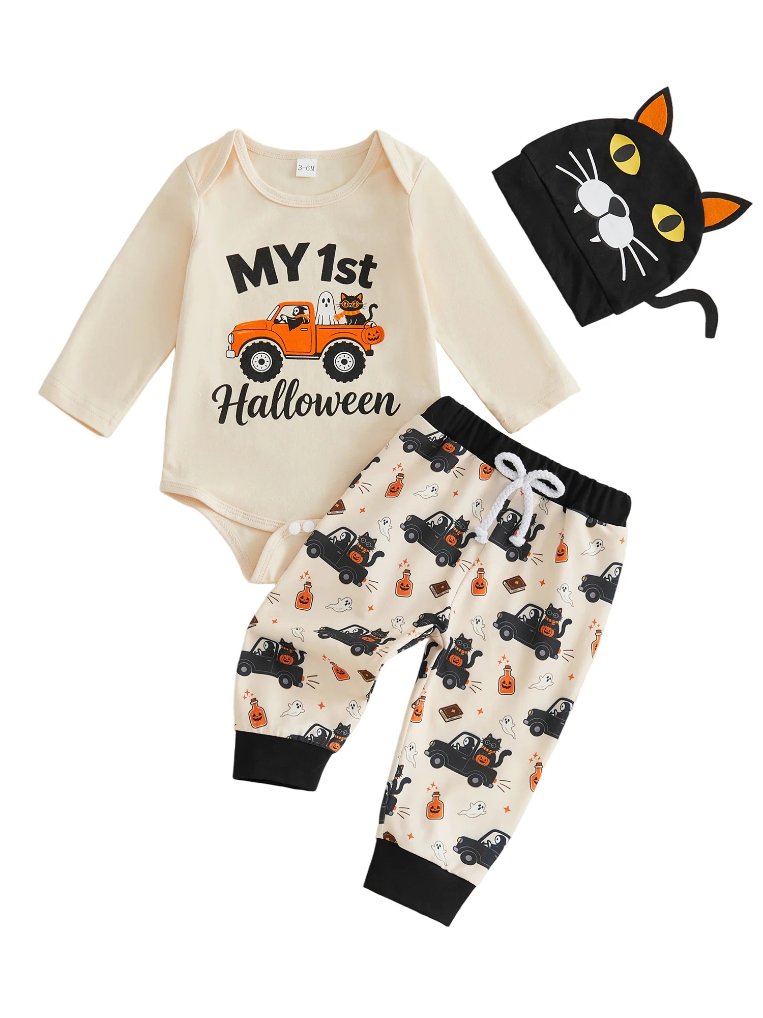 Crew-Neck Halloween Romper Pants Pants Hat Print Crew Neck Hat Boy Halloween Boy Baby Boy Halloween