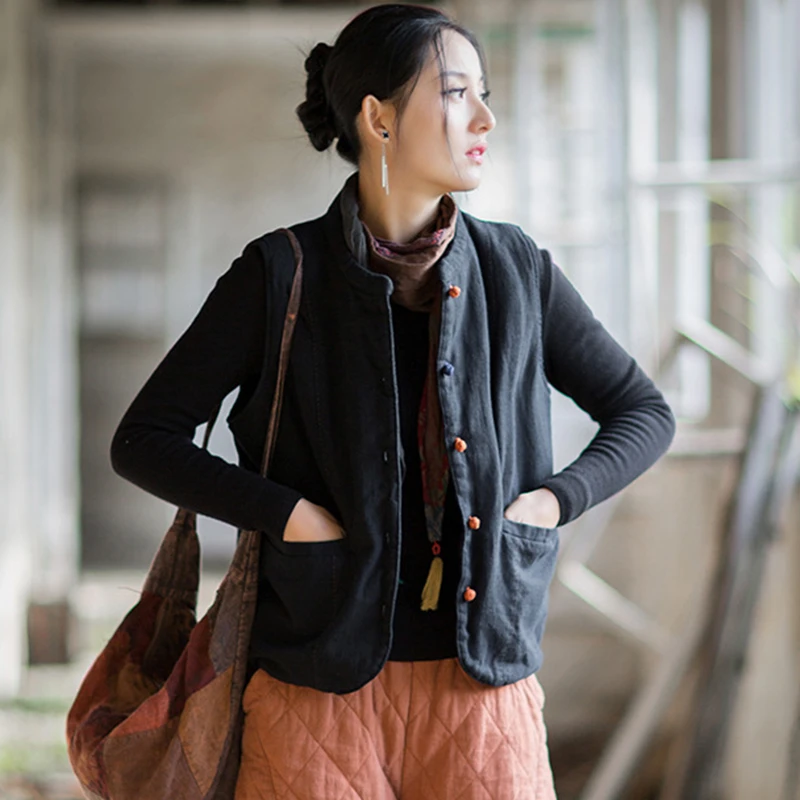 Frauen Baumwolle Leinen Casual Weste Mäntel Neue 2025, Herbst Vintage Stil Einfarbig Dicke Warme Weibliche Grundlagen Ärmellose Jacken M2096
