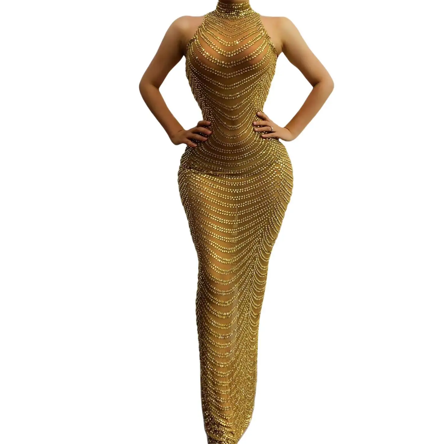 

Lianyi Womens Luxury Gold Rhinestone Sheer Mesh Maxi Dress Halter Neck Bodycon Formal Evening Party Prom Gown