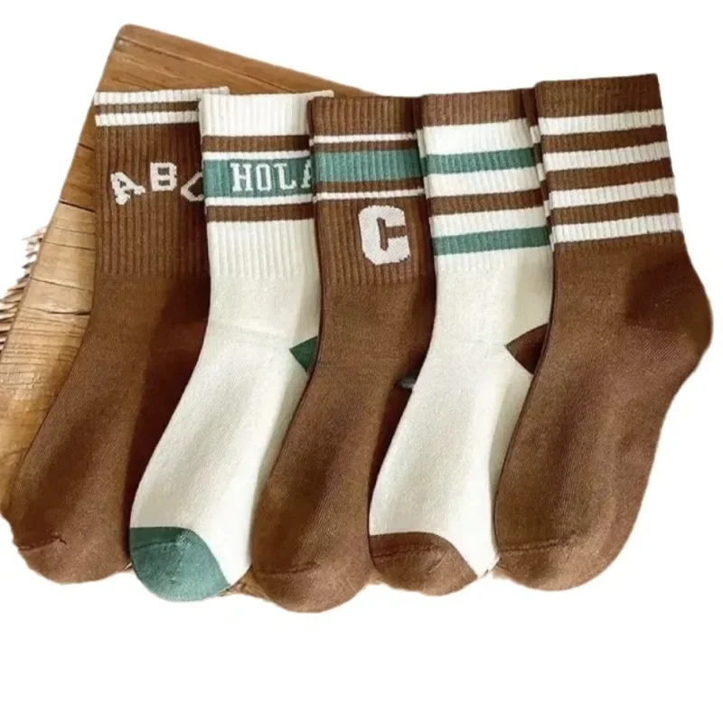 5 paia/set sportivo autunno bambini ragazzo ragazza calzino chic coreano caffè colore beige lettera calzino autunno primavera morbido cotone scuola