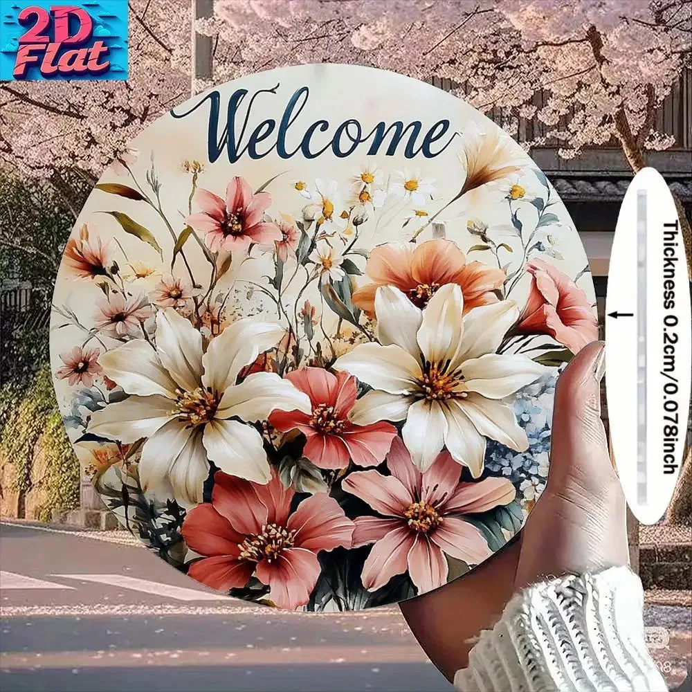 1pc Floral Welcome Wall Decor - Beige, Brown, White, Green, Pink, Gray, Peach Round Metal Plate - Lightweight & Sturdy Aluminum