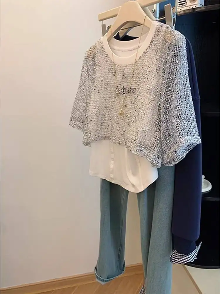 

plus Size Women's White Splice Hollow out T-Shirt Cover up Summer Loose Fashionable Short Sleeve Top Casual Style Breathable ...