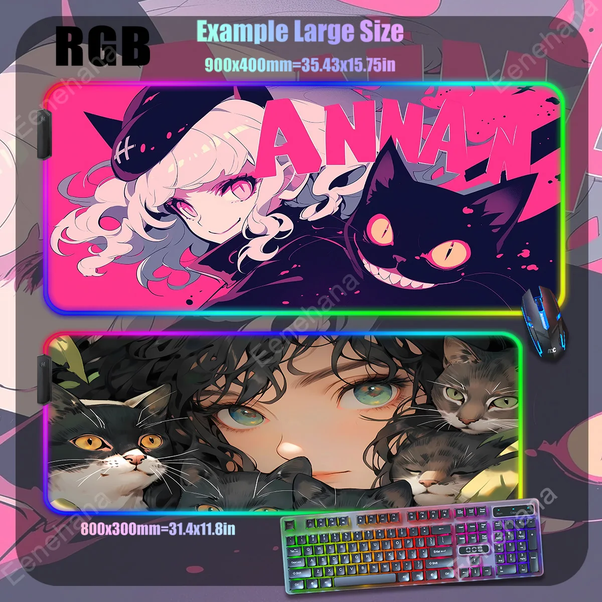 Imagem -03 - Rgb Grande Gaming Mouse Pad Led Retroiluminado Mesa de Escritório Tapete Estendido Gato Preto Gamer Anime Meninas Tapetes Kawaii Acessórios para Computador