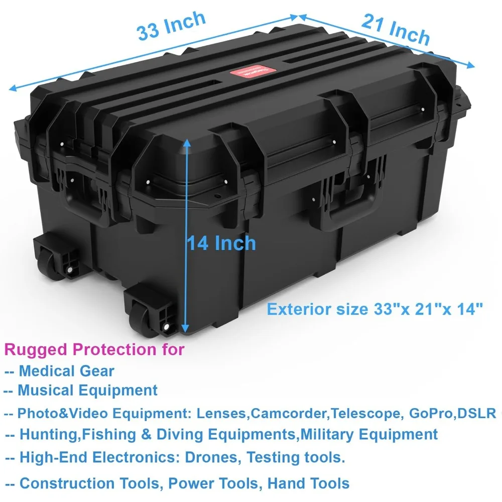 Estuche rígido, 33 x 21 x 14 pulgadas, estuche para equipamiento con ruedas/espuma personalizable/mango retráctil para electrónica, herramientas, cámaras