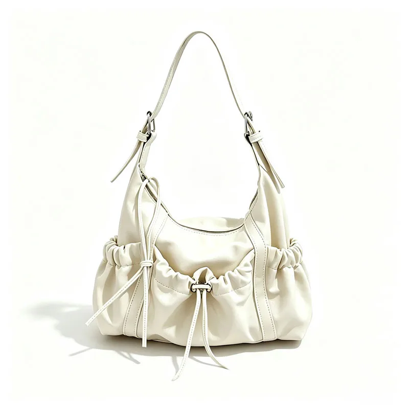 New Vintage Pleated Drawstring Soft Faux Leather Hobo Bag Multi‑Pockets Women Underarm Shoulder Bag Y2K Biker Style Handbag
