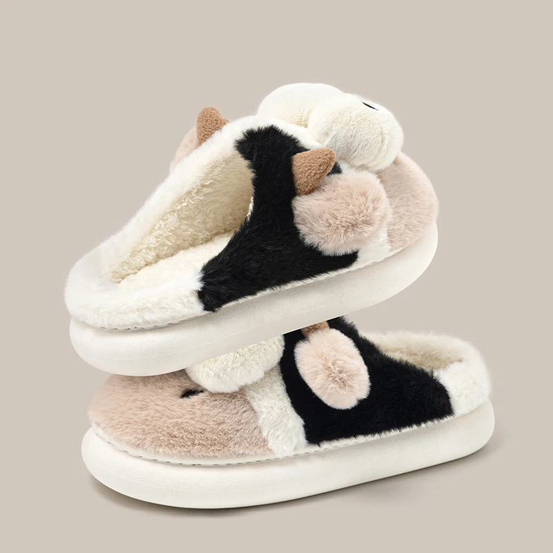 Feslishoet Winter Women Thick-Soled Shoes Adorable Cow Pattern Creative Non-Slip Comfy Versatile Indoor Outdoor Slippers Man