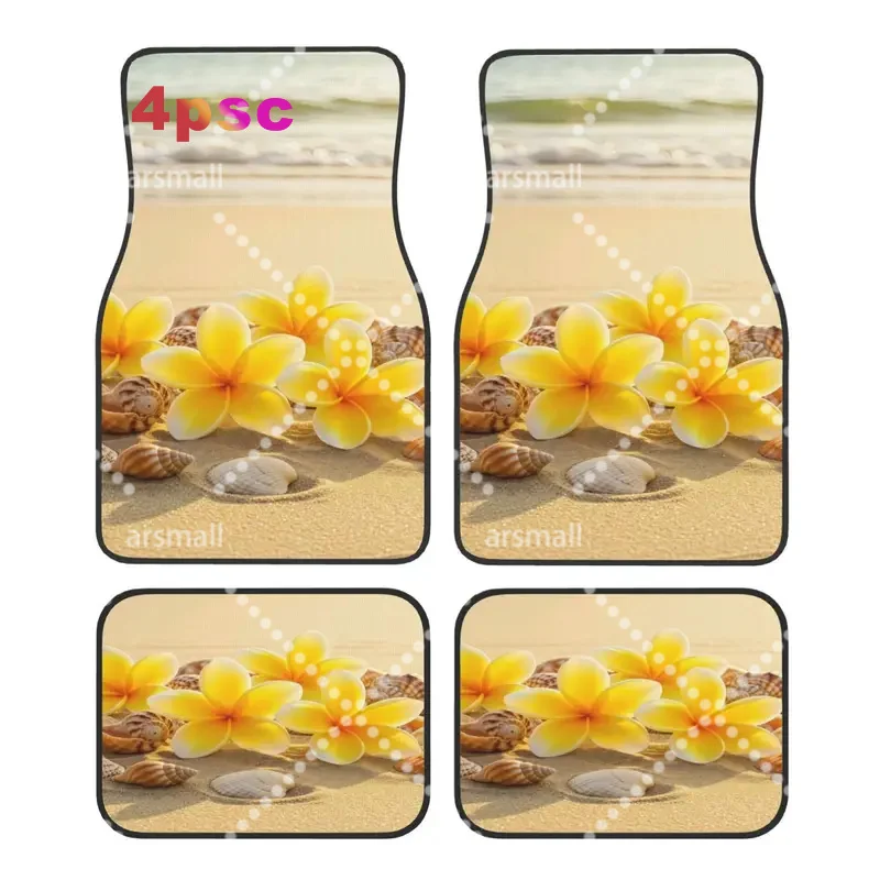 4pcs Beach Yellow Flowers Seashell Print Car Floor Mats, Elegant Interior Decor Additions For Daily Driving, All Season Fashiona