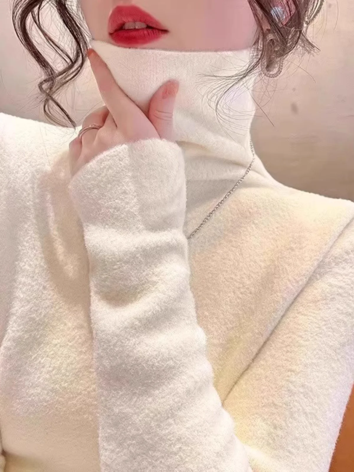 Orange High Collar Knitted Fleece Lined Thick Long Sleeve Women's Base Shirt Autumn Winter Warm Sweater Inner Wear Top