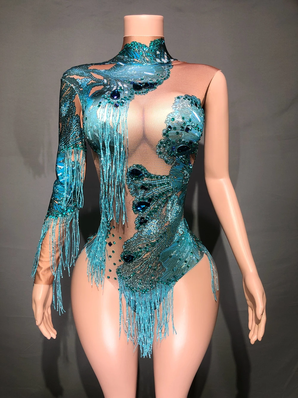 Sparkly Blue Rhinestones Fringes One Shoulder Bodysuit Women Dance Costume Sexy Skinny Leotard Singer Dancer Show Stage Wear