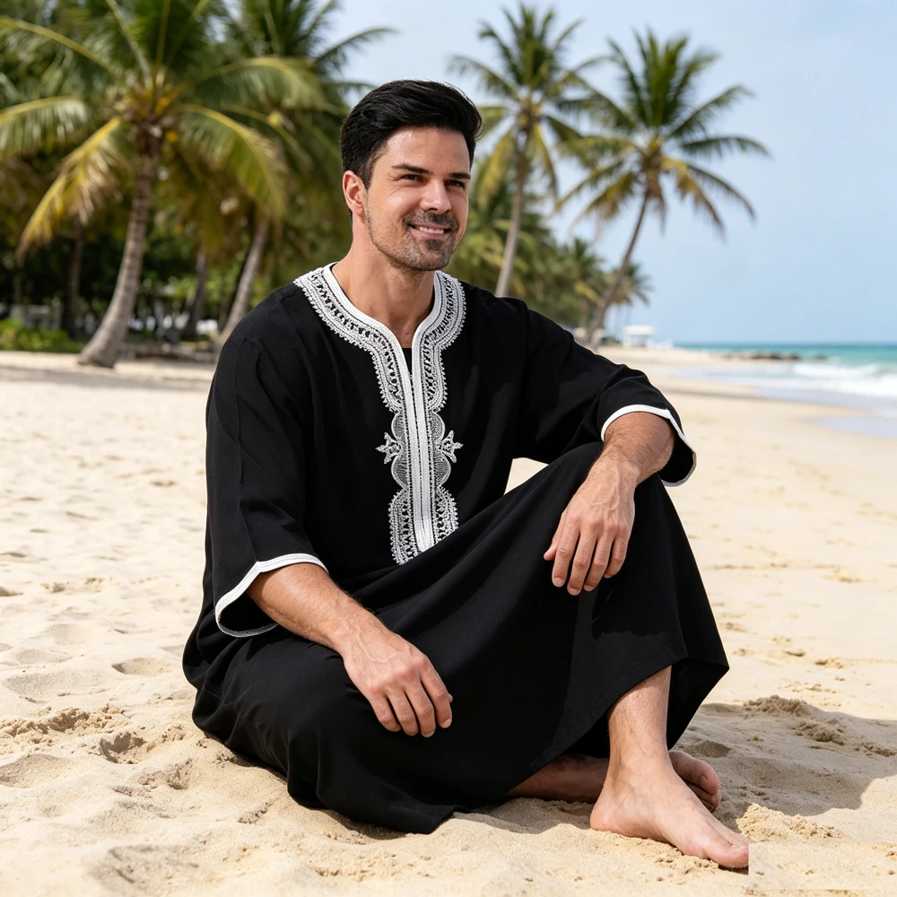 

Men's Islam Traditional Clothing Djellaba Embroidery Jubba Thobe Muslim Dress Turkey Kaftan Dubai Abaya Jalabiya Pakistan Caftan