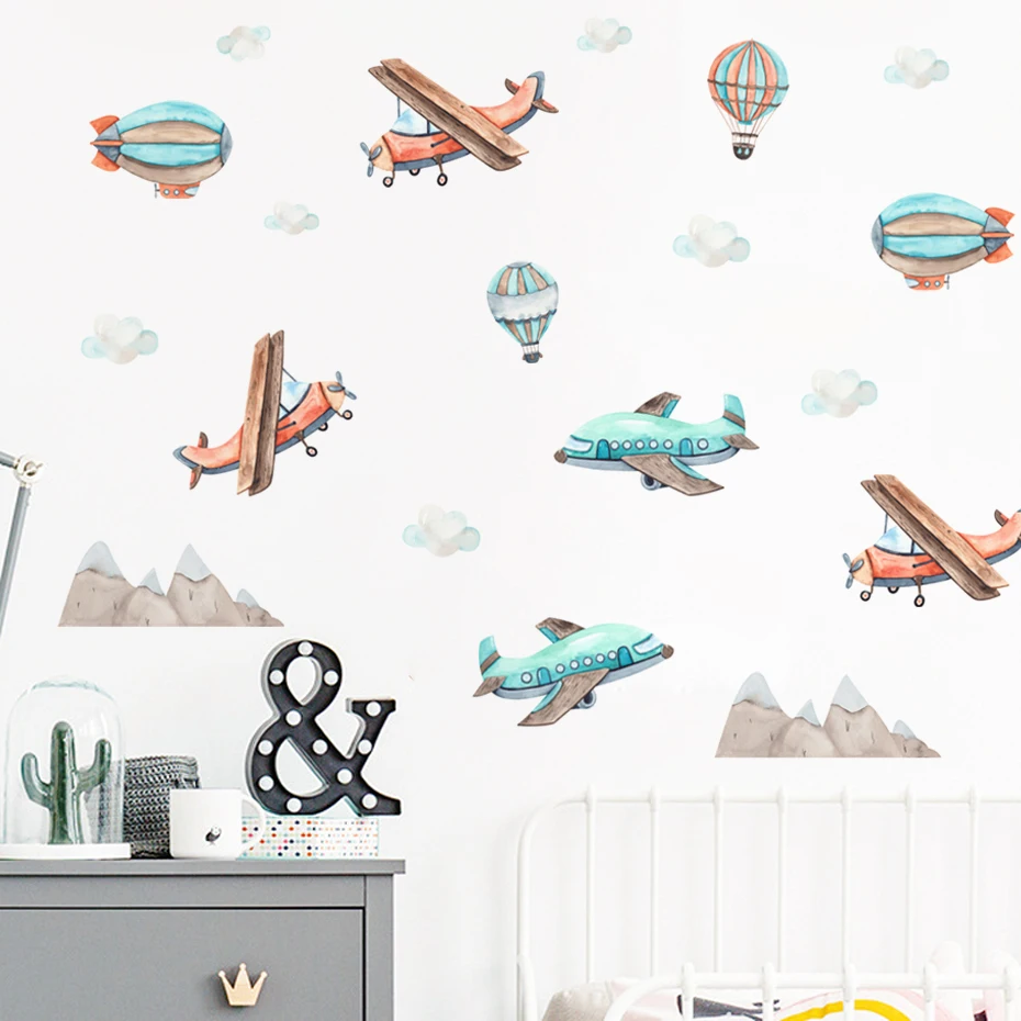 Aviones de dibujos animados, transporte de globos de aire caliente, nubes, pegatina de pared de acuarela, calcomanías artísticas de vinilo para