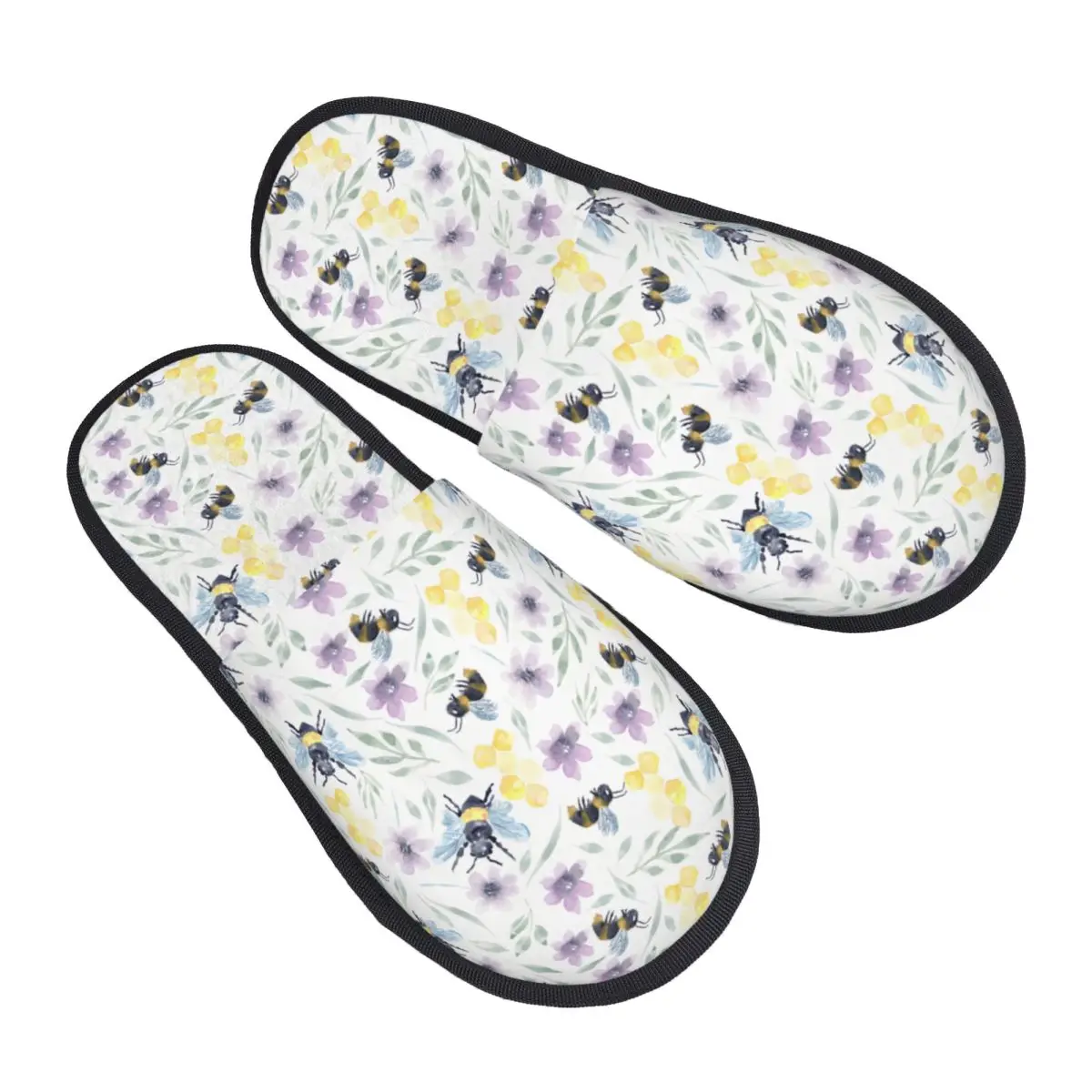 Watercolor Bee Pollinators With Florals Cozy Scuff Memory Foam Slippers Women Spa House Shoes