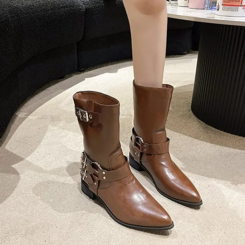 

Platform Combat Cusp Boots Zip Chuny Heel Buckle Vintage Fashion Casual Luxury Designer Western Mid Calf Boots Shoes Woman New