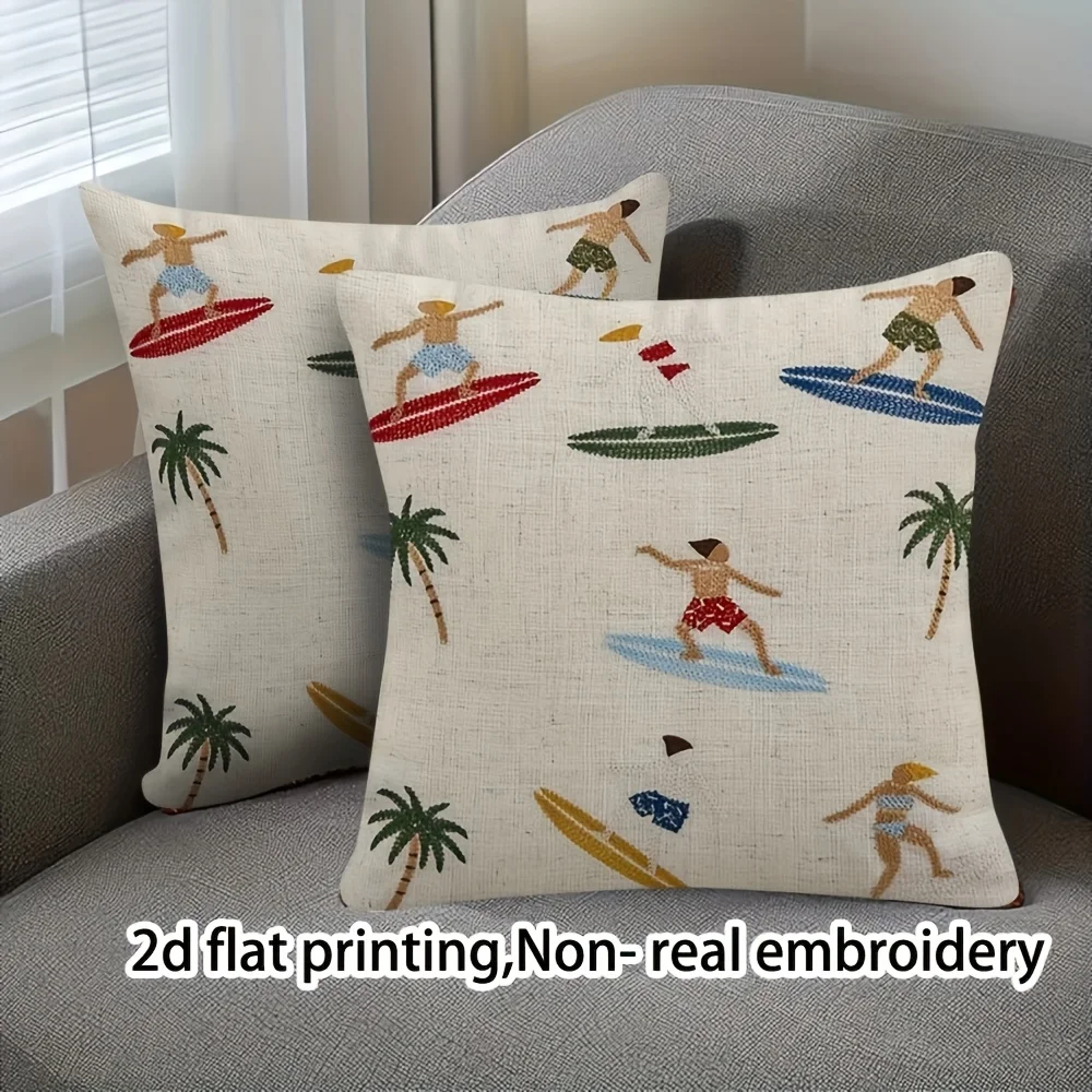2pcs Summer Surfing Palm Tree Throw Pillow Covers Coastal Tropical Square Cushion Cases for Home Outdoor Decor