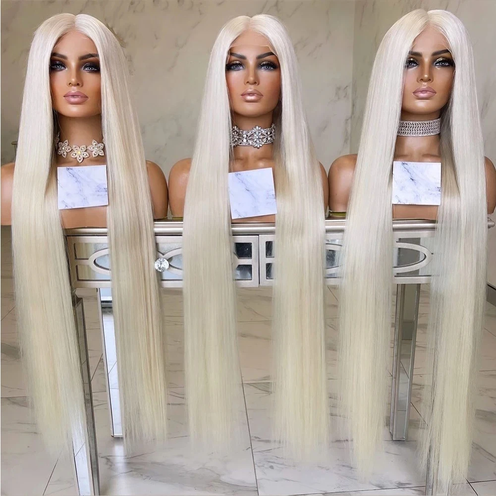 QW Straight Platinum Blonde Synthetic Hair Lace Frontal Wigs for Women Middle Part Pre Plucked  Glueless Daily Party Wear Wigs