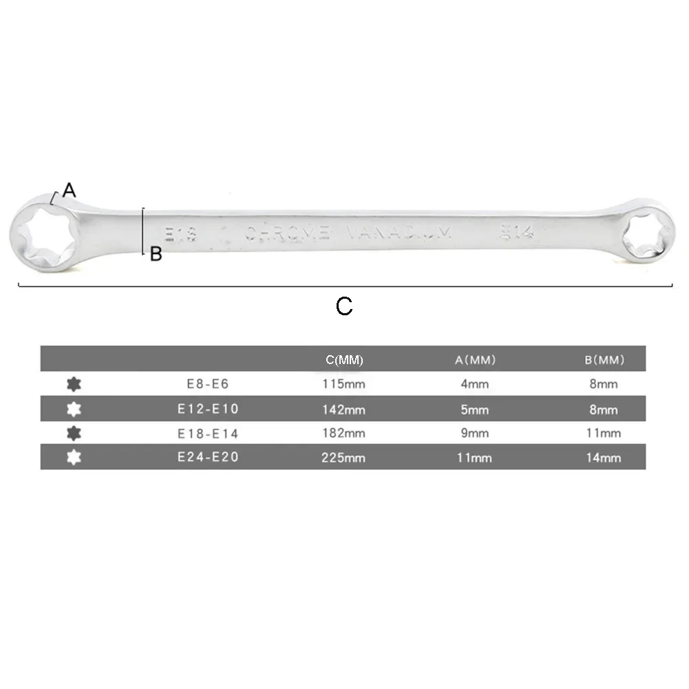 4pcs E-Ring Wrench Spanner E-Torx Box Wrench E6-E24 E-Type Double-Ended Hexagon Socket Wrench Ratcheting Wrench Hand Tool