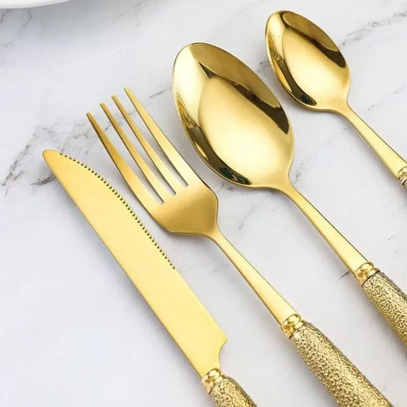 

24 Sets Stainless Steel Tableware Vacuum Titanium Plating Simple Knives Forks Spoons Tea Spoons Dinnerware Set Cutlery Set