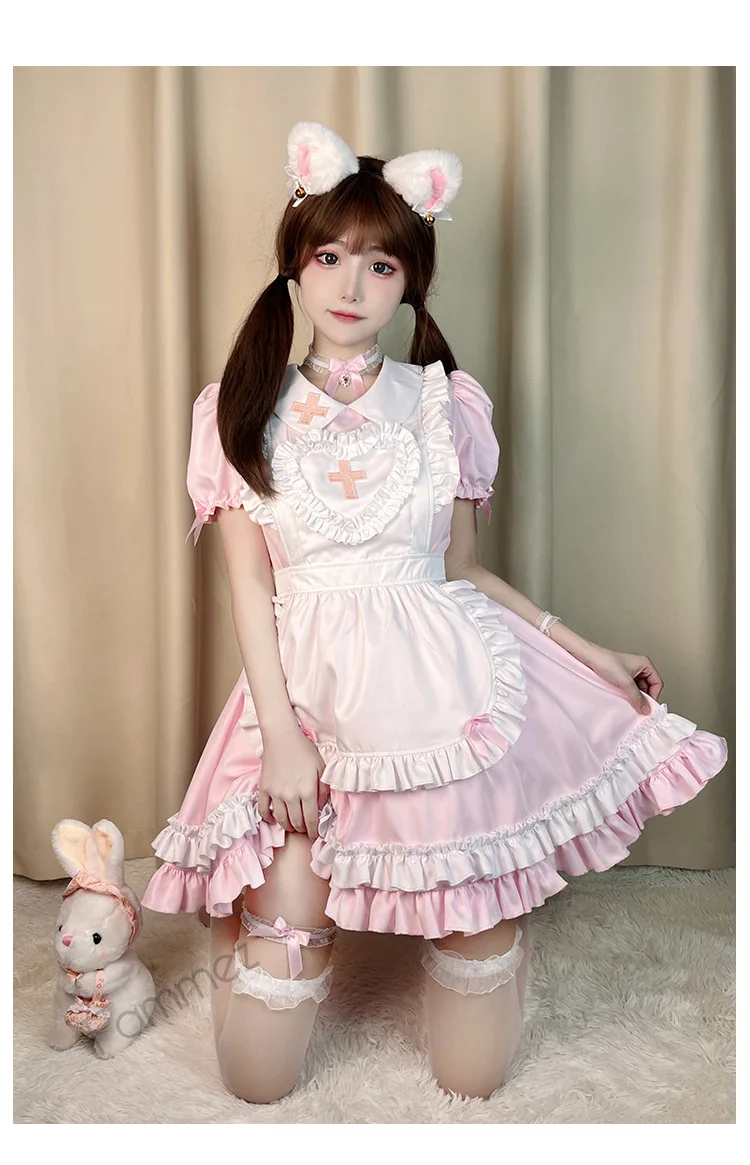 IOOTIANY Gothic Lolita Cosplay, japanisches Anime-Kostüm, cremefarbenes, herzförmiges, rosafarbenes Lolita-Kleid, Kostüm im Stil einer Dienstmädchenuniform, kurzärmelige Krankenschwesteruniform. – Detail 3