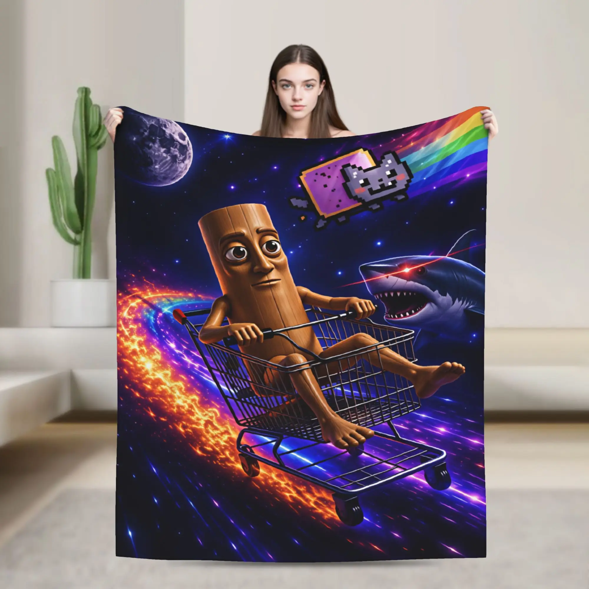 Soft Warm Blanket Camping Tung Sitting In Shopping Cart Space Galaxy Throw Blanket Flannel Bedspread For Bedroom Sofa Bed Cover