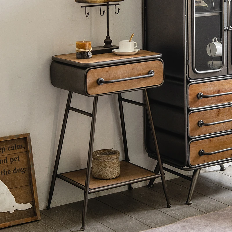 Industrial Vintage Metal Side Table, Rustic Living Room Corner Cabinet with Storage Shelf, Retro Coffee End Table Small Table