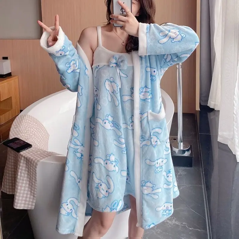 Japanese Sanrio Pink My Melody Autumn Winter Bathrobe Women Coral Velvet Thickened Plush Sweet Blue Cinnamoroll Velvet Sleepwear