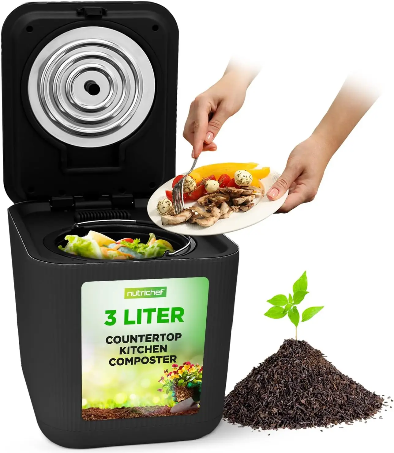 

Electric Kitchen Composter: 3Qt Food Recycler, One-Button, Low Noise, Odorless, Auto Clean