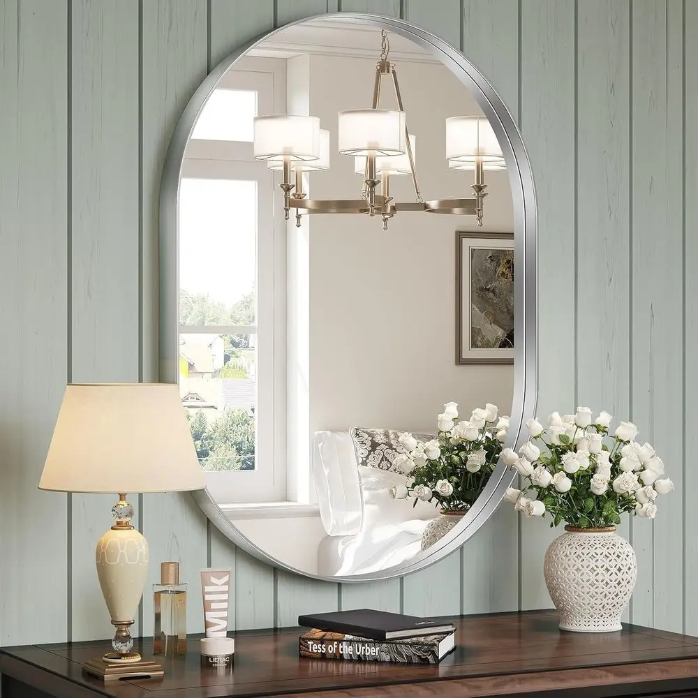 

Silver Oval Mirror or Bathroom 20x33 Inch, Metal ed Bathroom Vanity Silver Mirr, ern Pill Shape Mirror or Bedroom Living Room Wa