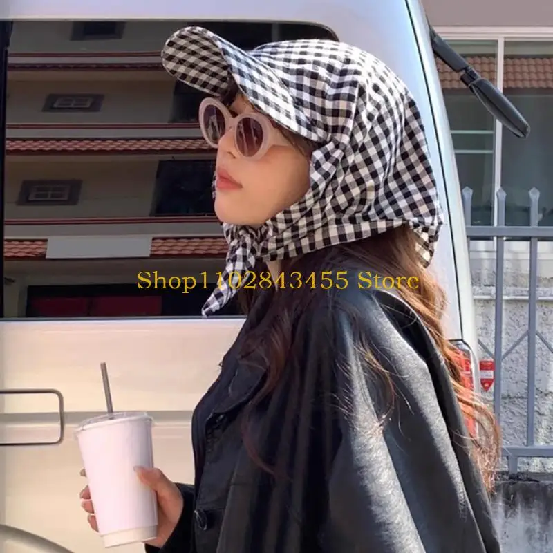 49MC Lovely Checker Pattern Scarf Hat Adjust Bandana Scarf Hat For Various Occasion