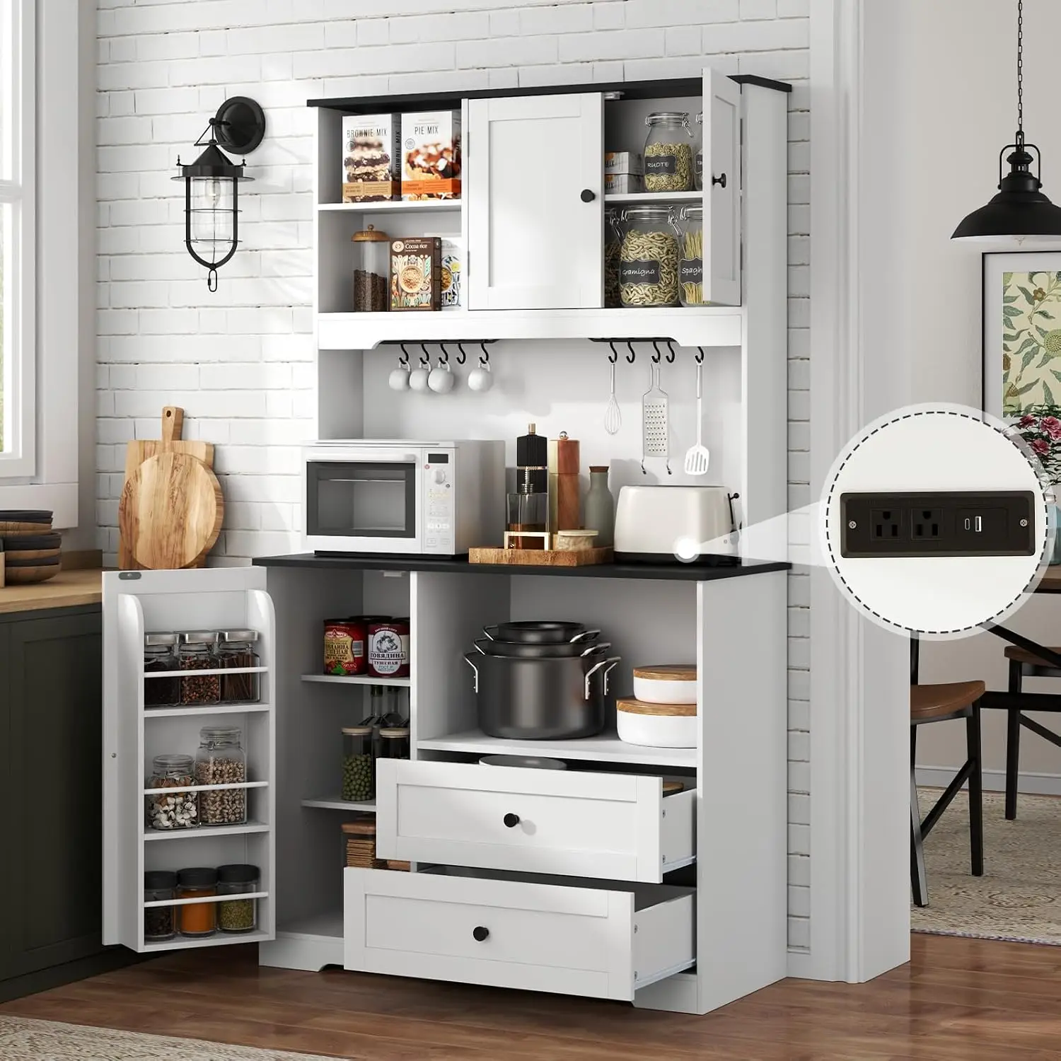 68 Inch Tall Kitchen Pantry Storage Cabinet Charging Station Door Shelf Upgrade Wine Glass Holder Microwave Stand White Black