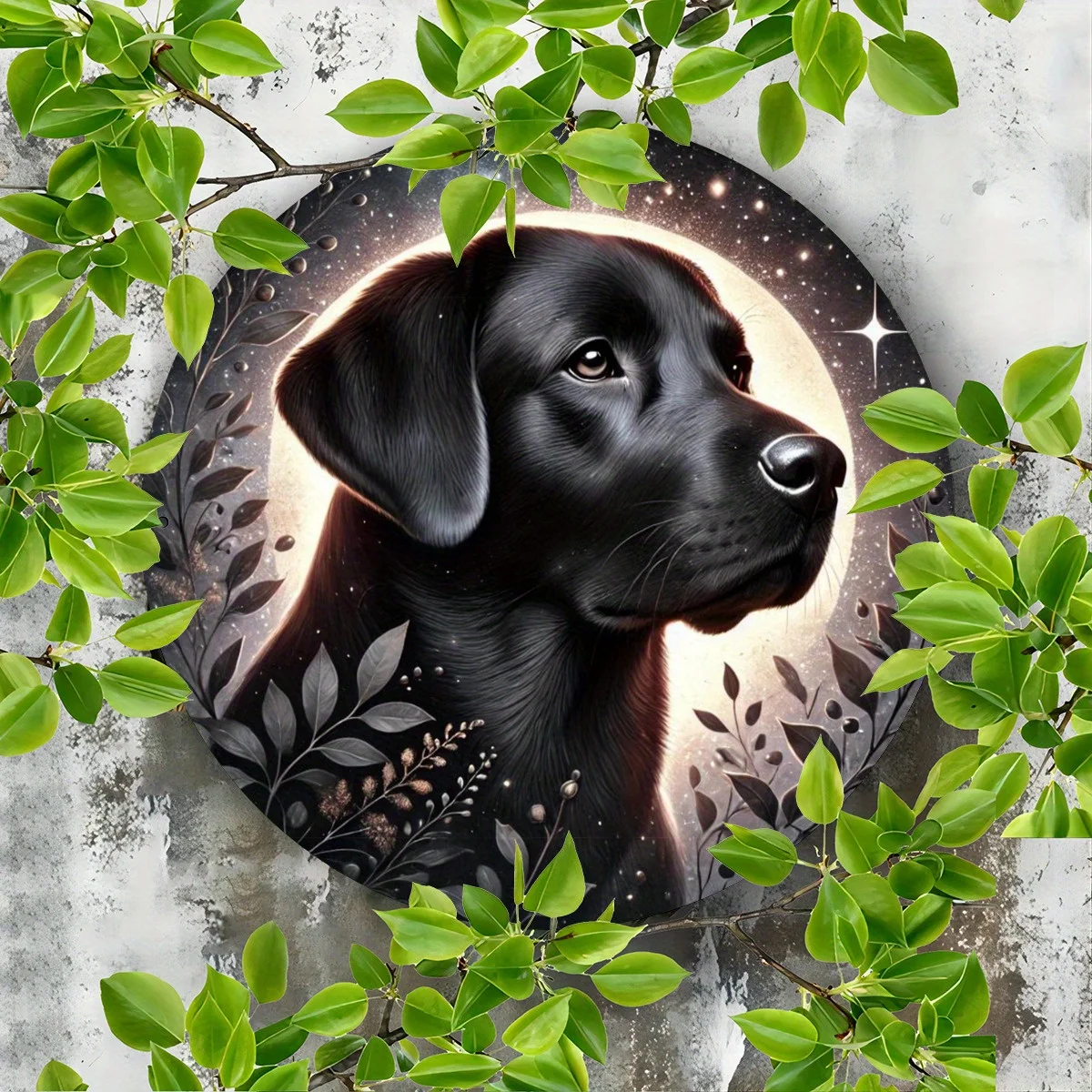 لوحة فنية جدارية معدنية مستديرة مقاس 7.8 بوصة من اللابرادور والقطط باللون الأسود الساحر - تصميم السماء الليلية المرصعة بالنجوم، مثالية للمنزل والحديقة والمطبخ والبار، كاليفورنيا #3