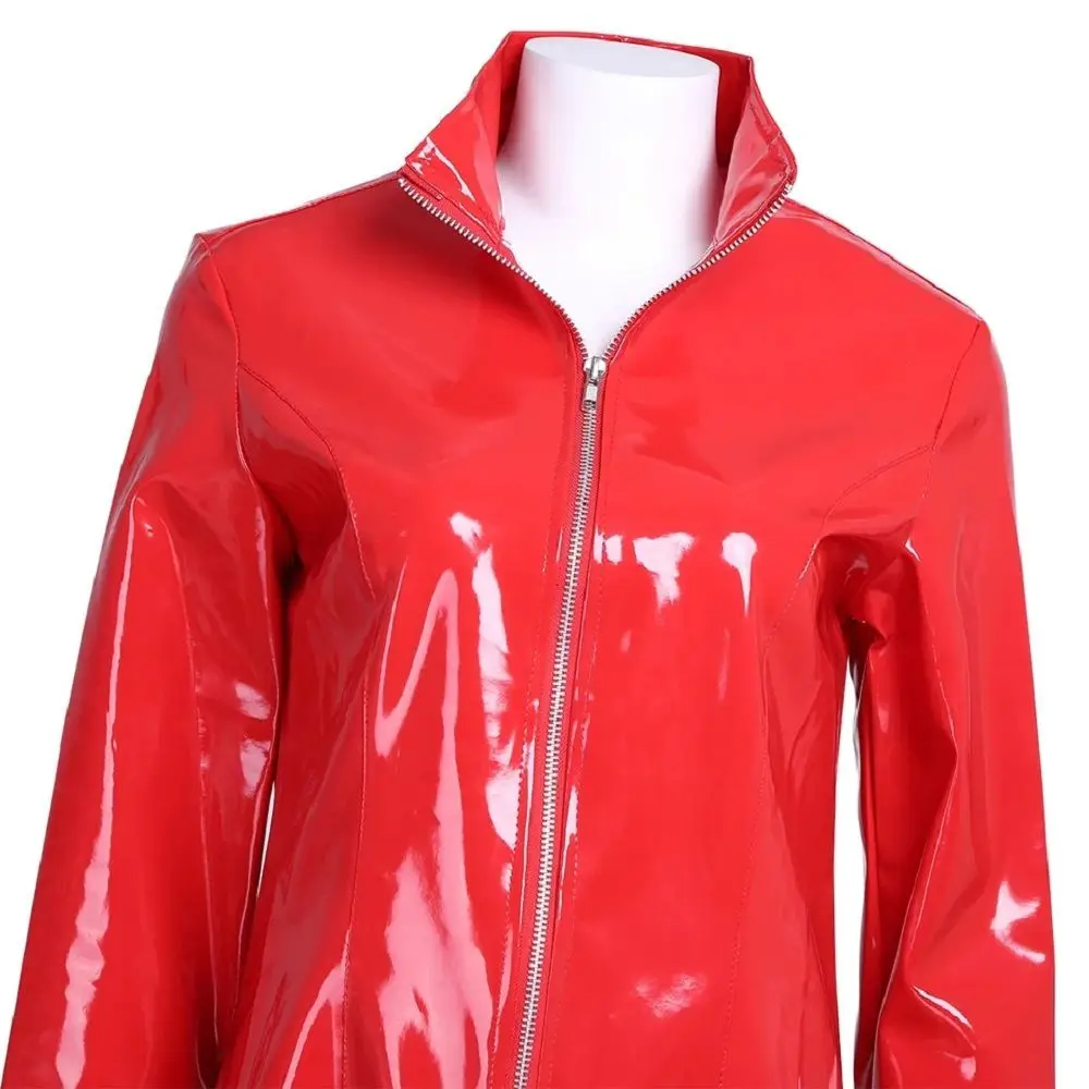 Women Bright Mirror Patent Leather Trench Coat Zipper Slit Wet Look Long Jacket Pvc Faux Pu Windbreaker Outwear Red Overcoat