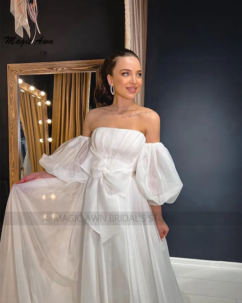 Abiti da sposa Vintage in Organza magica Awn 2022 maniche a sbuffo staccabili senza spalline abiti da festa di nozze semplici A-Line per le donne