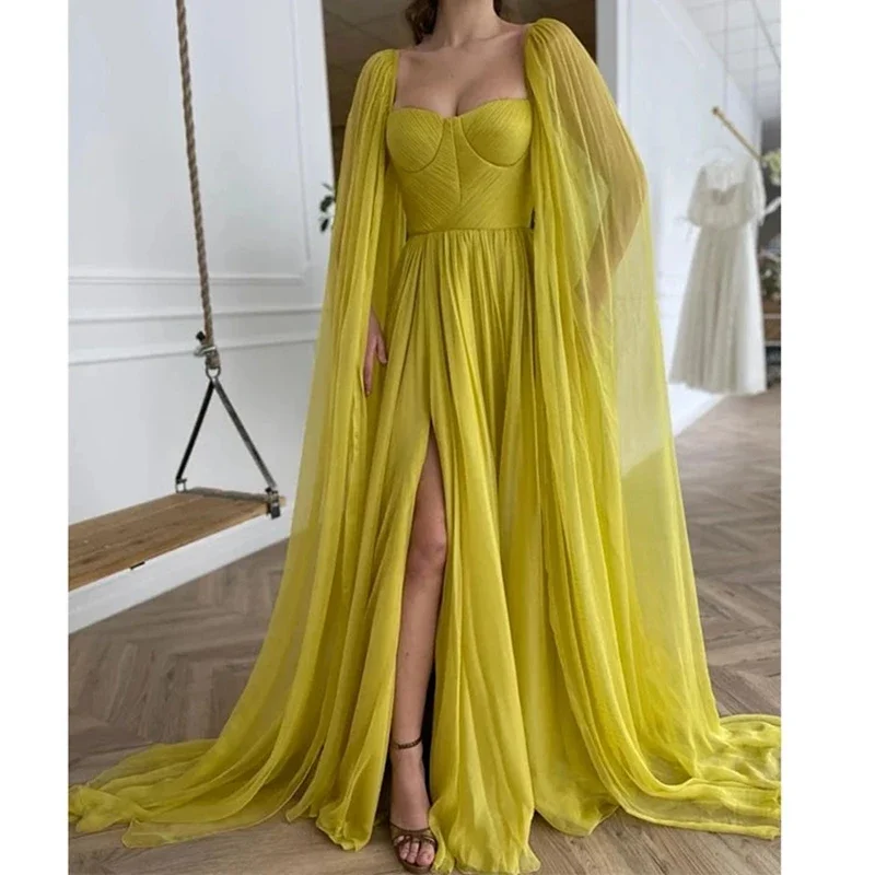 

OLOEY Simple Yellow Chiffon Evening Dresses Arabic Women Long Cape Sleeves Split Arabic Women Promn Gowns Vestidos de fiesta