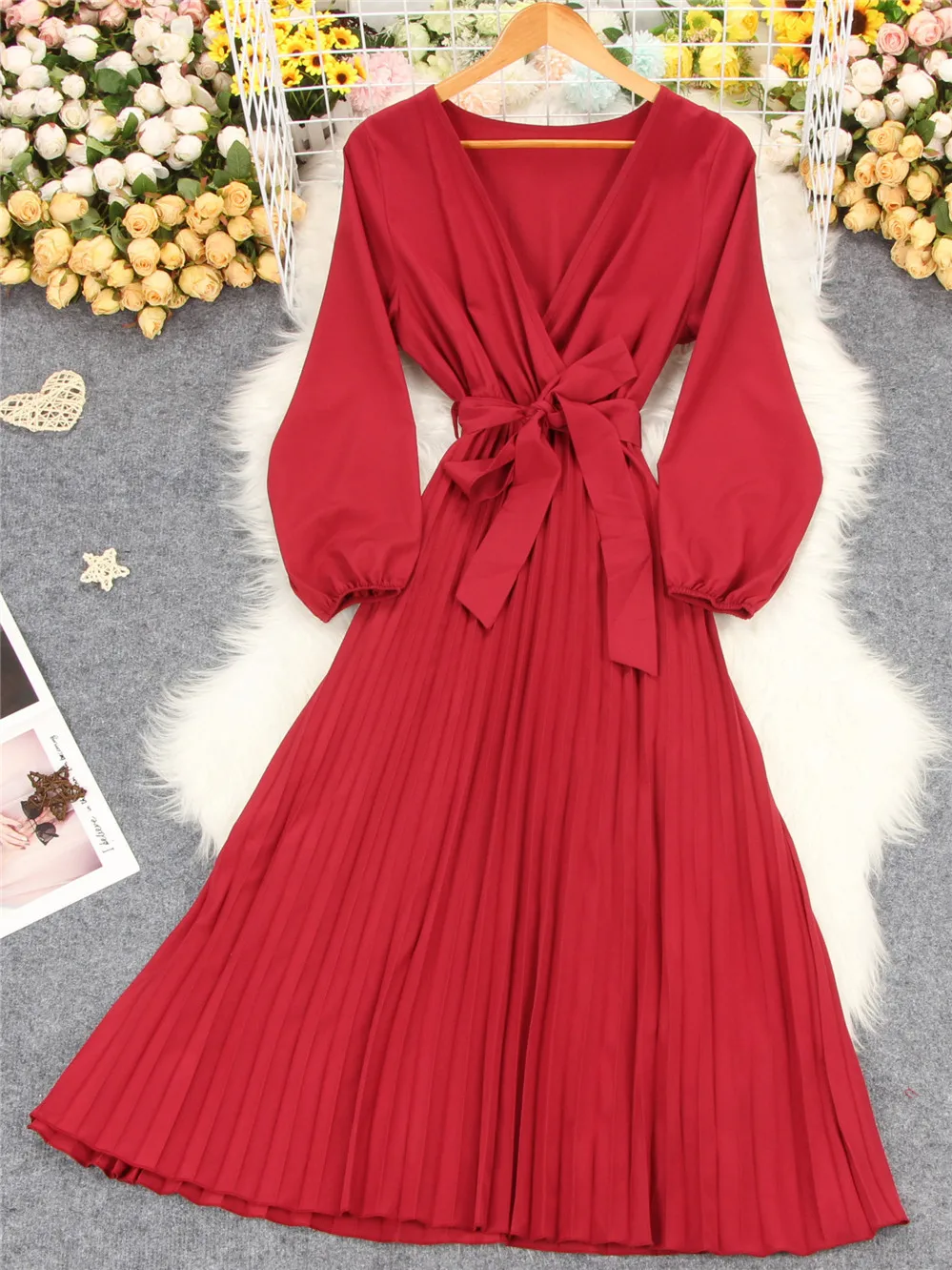 Solid Color V Neck Cross Long Pleated Dress Women Causal Spring Autumn Dress