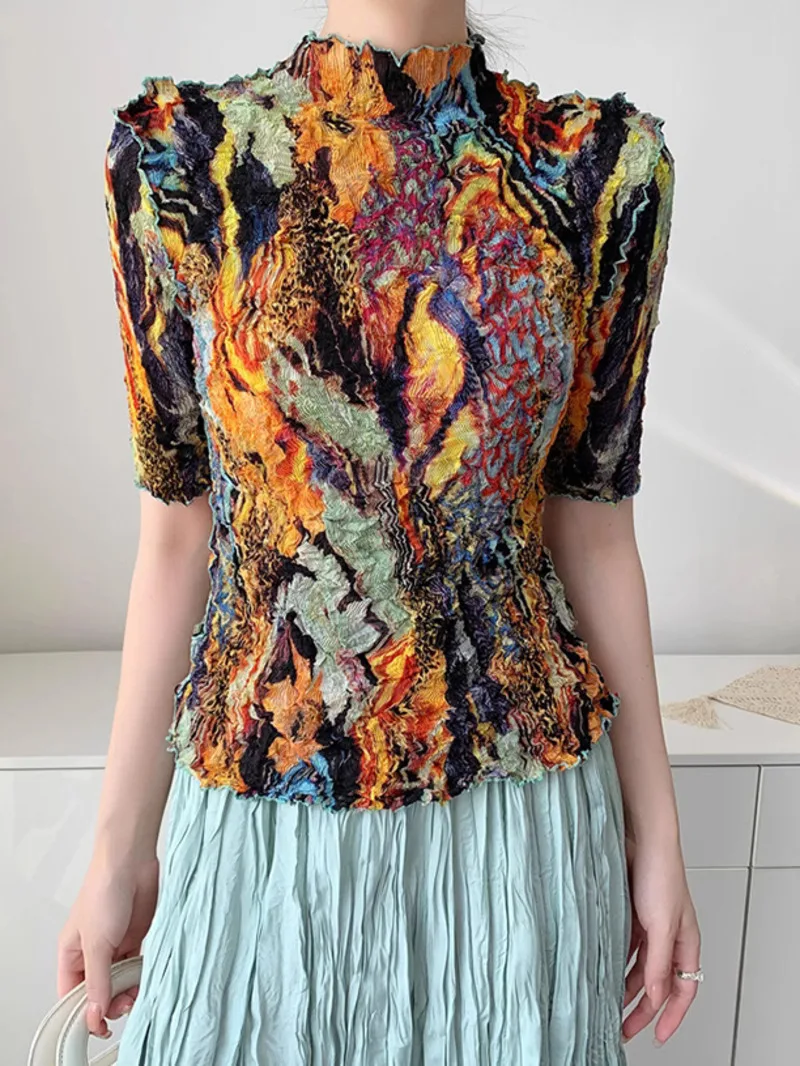 Pleated Handmade Random Print Summer Pleated Top For Women Comfortable Casual Loose Famale's Elastic T-shirt 2L2U9