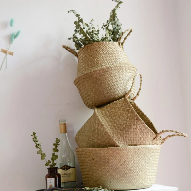 Seaweed Wicker Basket Rattan Hanging Flower Pot Dirty Clothes Basket Storage Basket Cesta Mimbre Basket Picnic Storage Basket