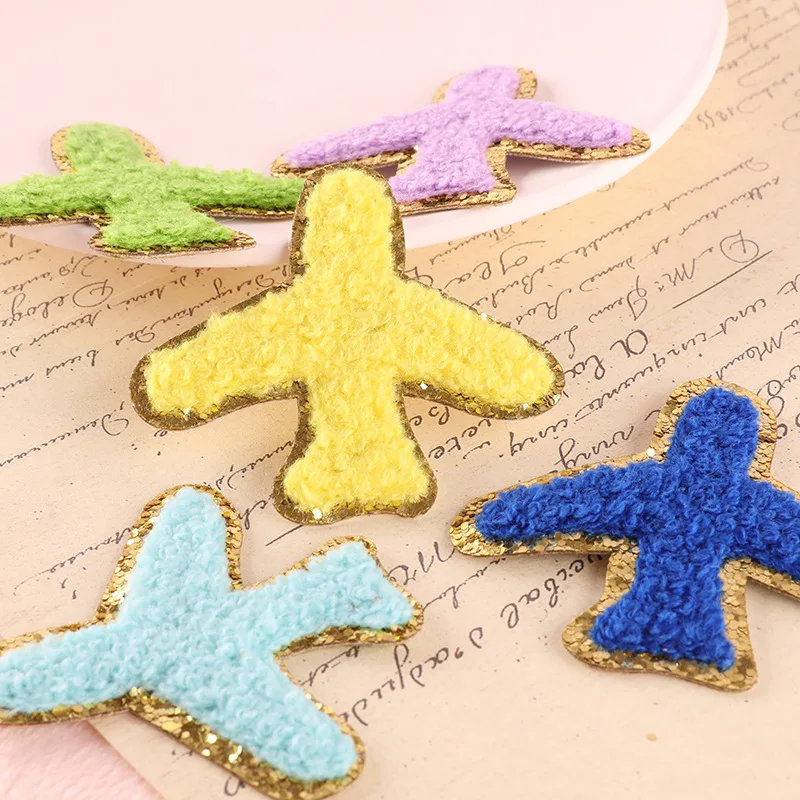 Airplane Gold Glitter Patches Iron on For Clothing Chenille Towel Embroidered Sequins Colorful Appliques for DIY Accessories