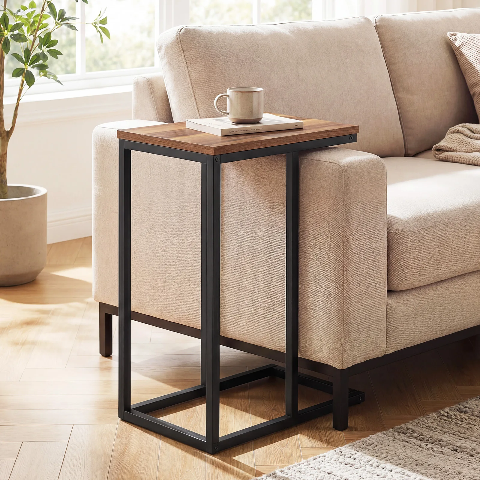 C-shaped End Table w/ Adjustable Foot Pads, Small Snack Table for Living Room