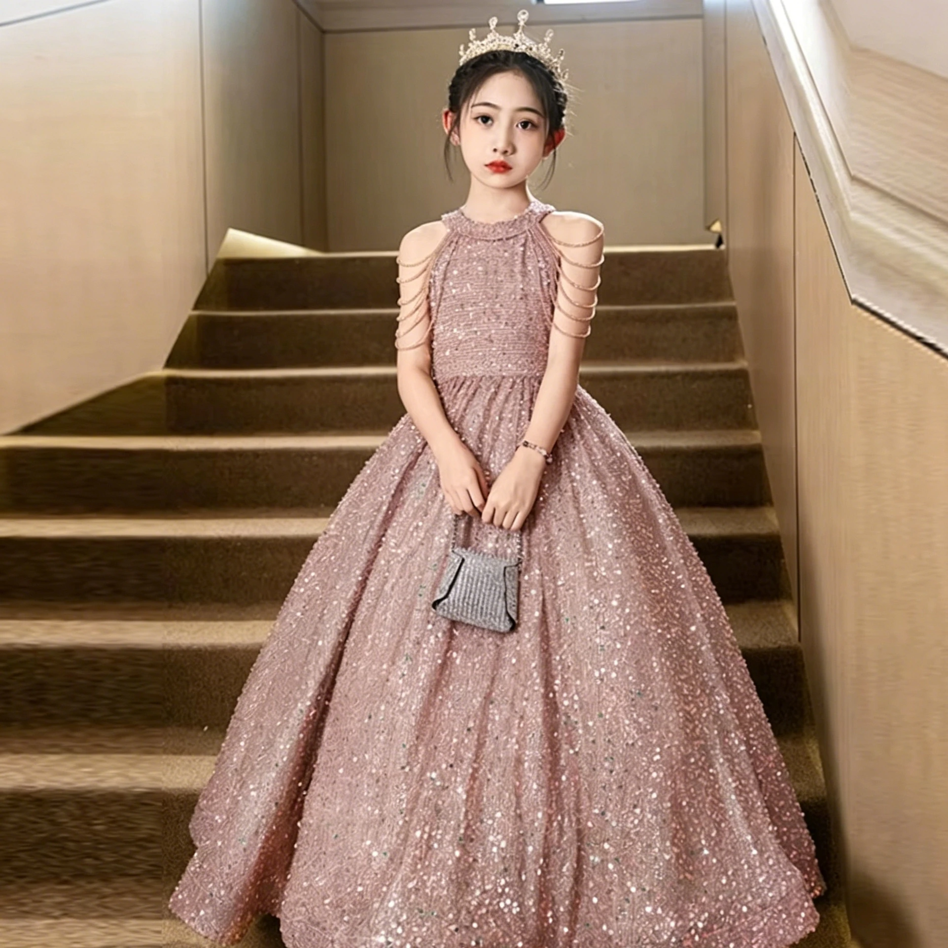 Customized Flower Girl Dress for Wedding Glitter High Waist Floor Length Elegant Kids Birthday Party First Communion Gown