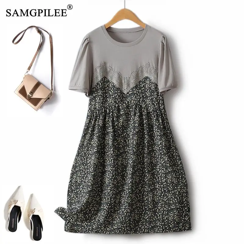 

2023 Summer European Loose Floral Female Dress Fake Two Pieces Pleated Lace Stitching Chiffon Elegant And Pretty Women's Dresses