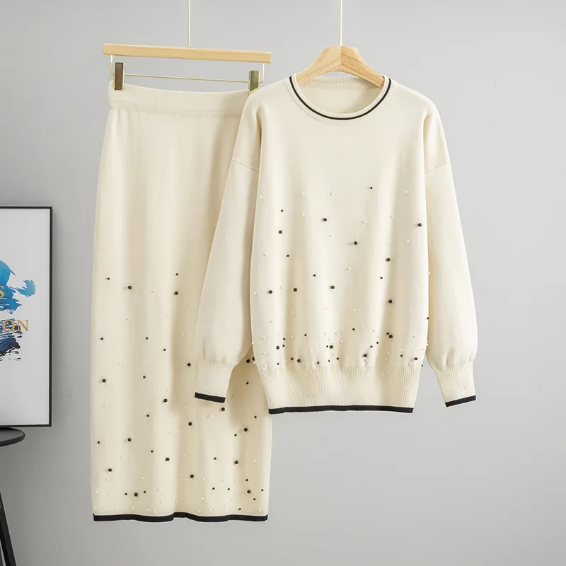 Greenora Elevated Casual Cardigan Sweater Beaded Knit Set Women Spring Fall Skirt Two Piece Set Autumn Winter