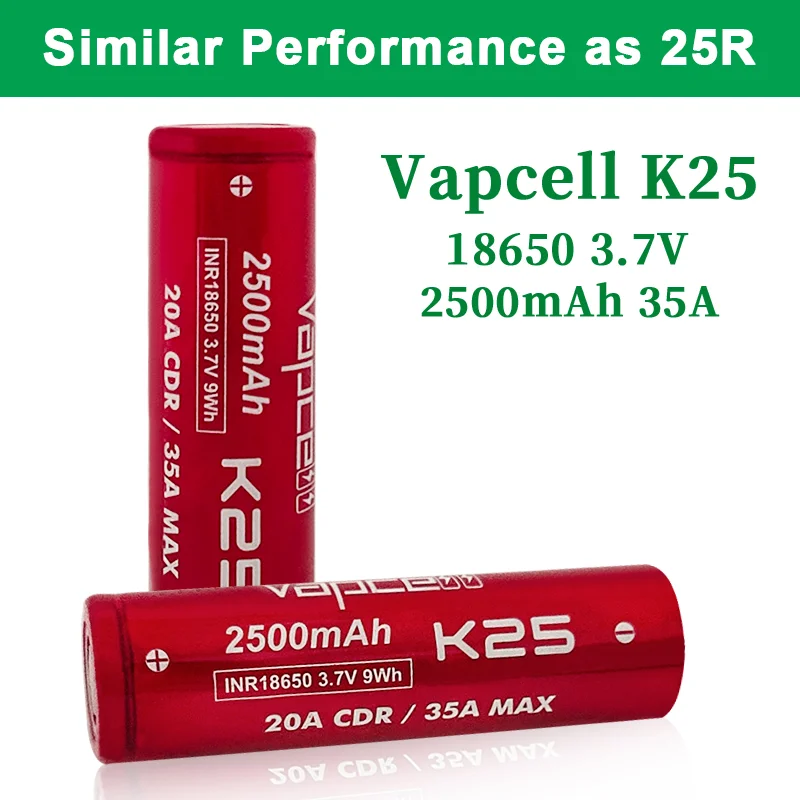 Original Vapcell K25 INR 18650 3.7V 2500mAh 20A/35A Battery High Current 18650 Lithium ion Cell Similar As 25R Batteries