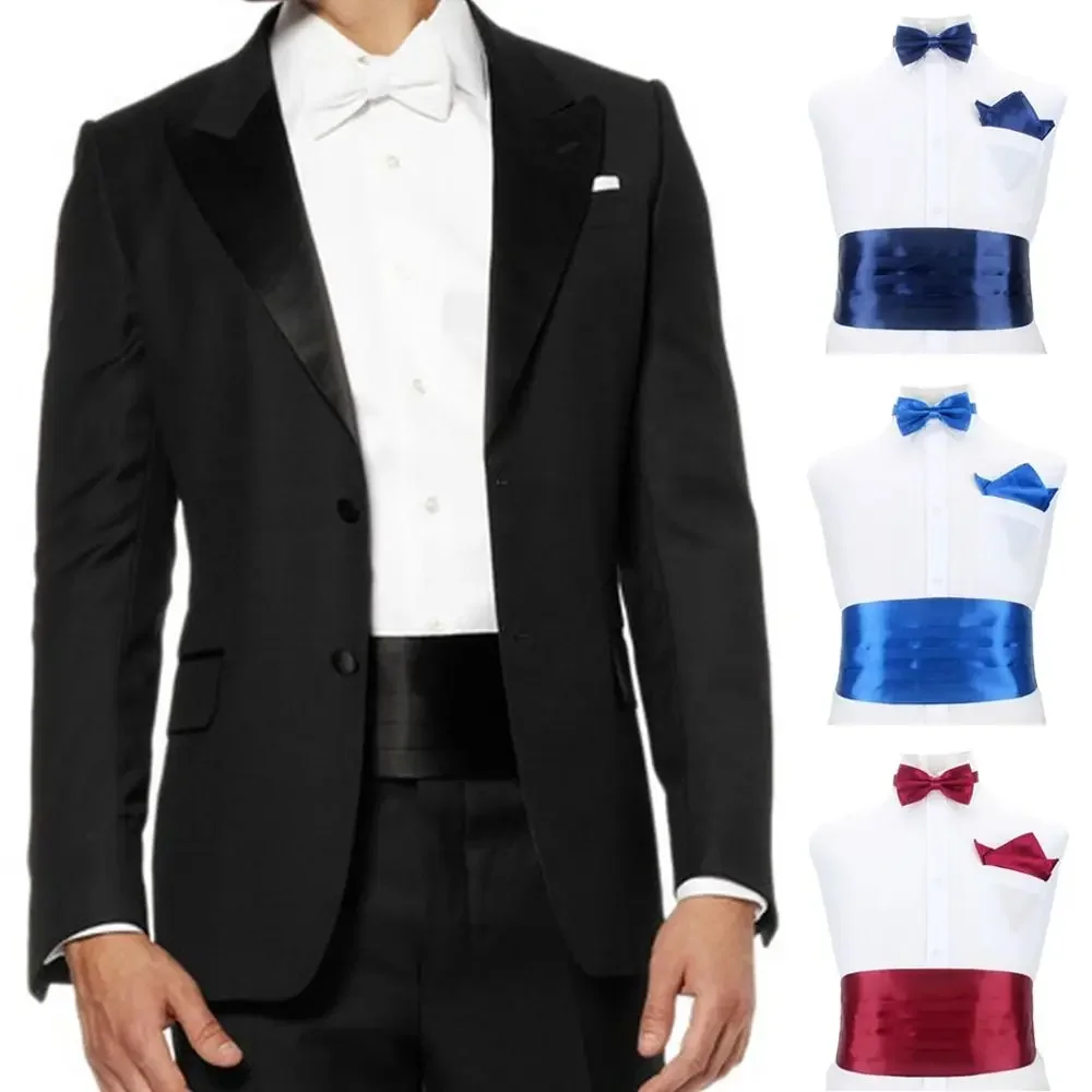 

Модный широкий шелковый атласный смокинг на поясе, эластичный джентльменский карманный квадратный пояс для живота, деловой мужской костюм с лацканами и цветами для мужчин