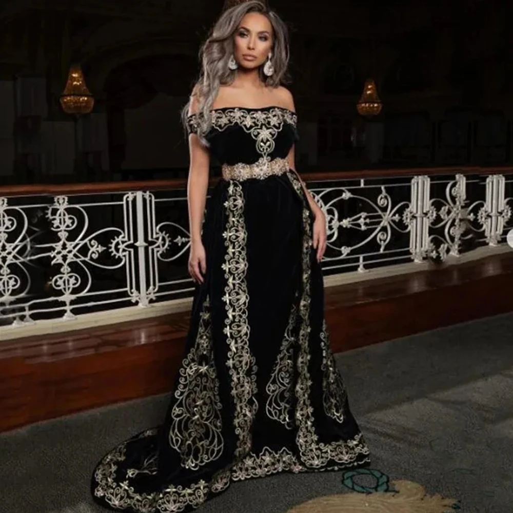 

Exquisite Applique Evening Dress Off the Shoulder Velvet Women Customized A-Line Floor Length Banquet and Party Gowns for Guest