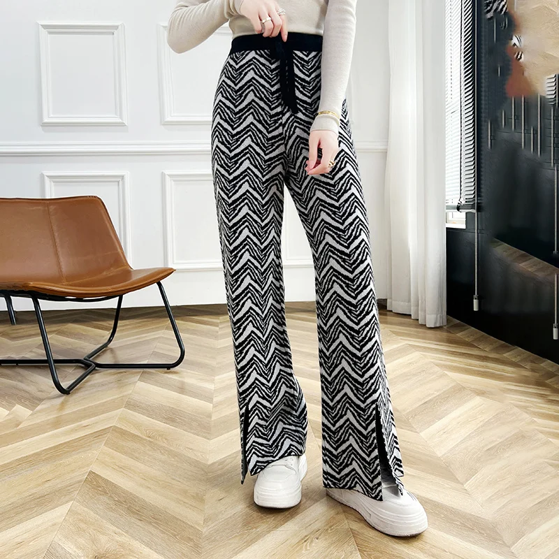 

Women's trousers autumn/winter new 100% wool split wide-leg pants casual elastic waist herringbone mopping pants fashionable