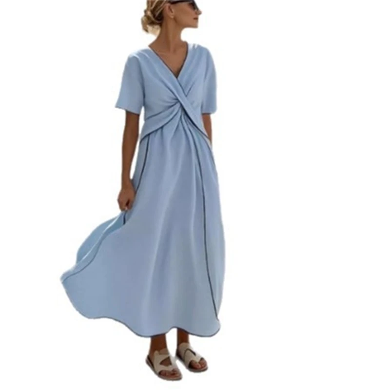 Lässiges, lockeres, gestreiftes Retro-Sommerkleid mit V-Ausschnitt, kurzen Ärmeln, plissiert, A-Linie, Maxi, Boho, Strandurlaub, Outfit für Damen und Teenager