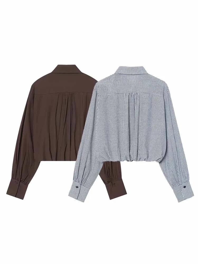 

Женская модная универсальная рубашка с длинными рукавами, однотонная, в клетку, свободного кроя, короткая, повседневная, для работы, 2026 год